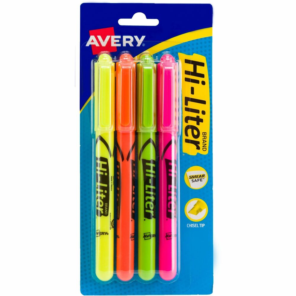 Avery® Pen-Style, Assorted Colors, 4 Count (23545) - Chisel Marker Point - Washable - Fluorescent Yellow, Fluorescent Pink, Fluorescent Orange, Fluorescent Green Ink - Water Based - Fluorescent Yellow, Fluorescent Pink, Fluorescent Orange, Fluorescent