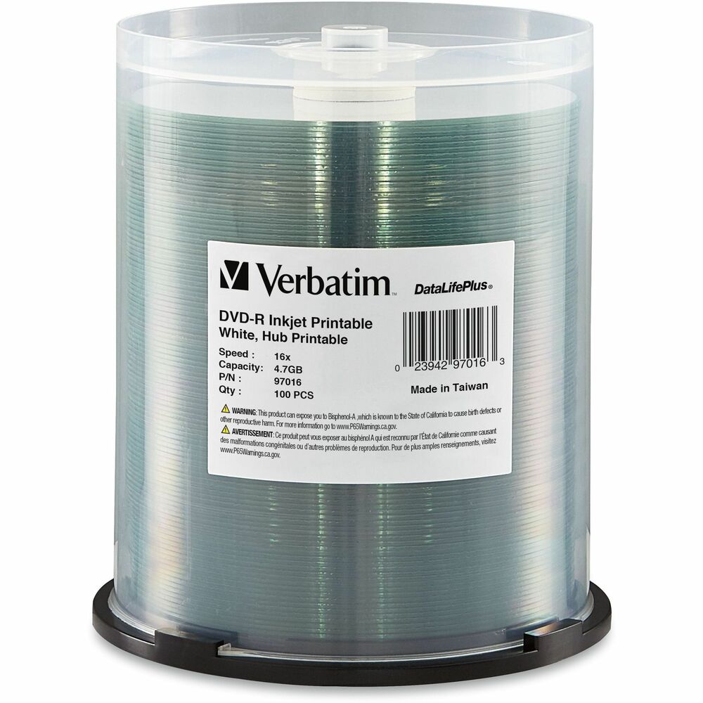 VER97016 - Combining an exceptional inkjet printable surface with professional grade, Metal Azo, recording performance and reliability, Verbatim DataLifePlus White Hub Inkjet Printable DVD-R 16X discs are the ultimate choice for developing, customizing and distributing DVD content. Certified for 1X-16X* DVD recording and preferred by DVD+R drive manufacturers, Verbatim DataLifePlus DVD-R media uses an advanced Metal Azo" recording dye to provide the highest level of performance, compatibility, and archival life. DataLifePlus White Hub Inkjet Printable 16X DVD-R discs have been extensively tested and qualified for use with DVD/CD Inkjet printers and duplicators offered by such leading industry manufacturers as Primera, Microboards & Epson. More from the Manufacturer