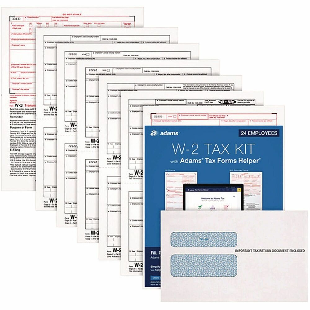 TOP22904KIT - Six-part tax kit includes 24 W-2 forms that meet IRS specifications, 24 gummed envelopes and one Laser W-3 Summary Transmittal Form. W-2 forms are used to report wages and deductions to the Social Security Administration. 20 lb., letter-size white paper is compatible with laser printers. Detached size is 5-1/2" x 8-1/2" with two forms per sheet.