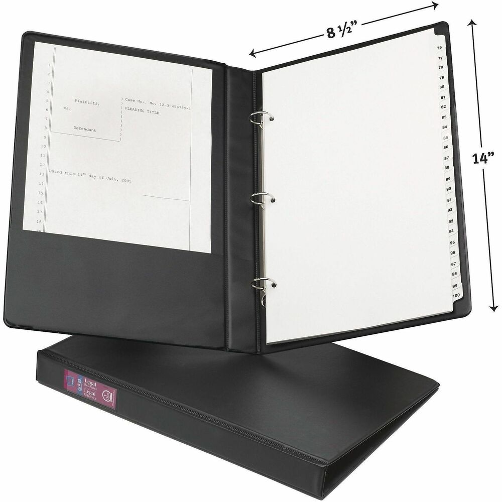 AVE06400 - Legal Three-Ring Durable Binder gives you the freedom and flexibility to organize legal-size documents any way you see fit. Back-mounted, three-ring design allows 8-1/2" x 14" pages to lie flat and remain secure. 1" capacity, round rings are made of metal and accommodate approximately 175 sheets. Two interior pockets provide extra space for storing loose or unpunched pages. Each pocket holds up to 20 sheets. You can even load the spine label holder with an insert for quick identification. Binder also features vinyl construction, a sturdy chipboard core and concealed rivets for a professional appearance. More from the Manufacturer
