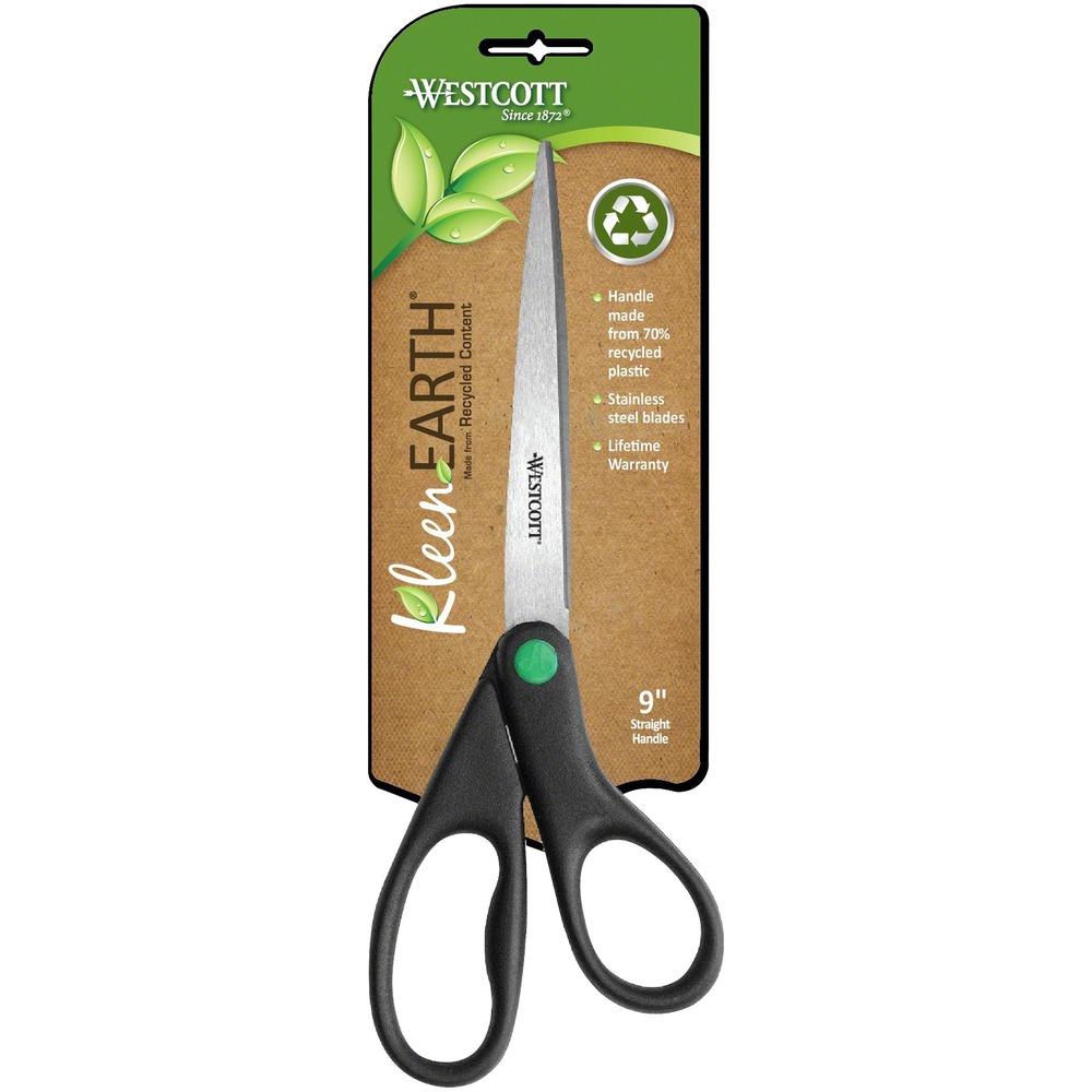 ACM13138 - Lightweight, 9" scissors are designed for comfort and precision control. Comfortable, ambidextrous basic handle is earth-friendly. Straight black handles contain a high percentage of recycled plastic. Lightweight, sharp blades are made of precision-ground stainless steel for durability. Stainless steel blades are corrosion-resistant. KleenEarth Scissors are designed for left-handed or right-handed users.