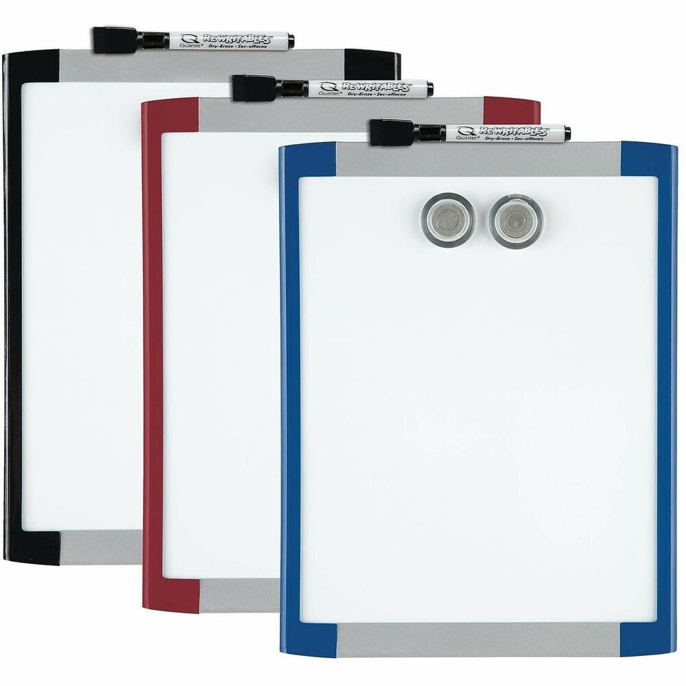 QRTMHOW8511 - Decorative whiteboard doubles as a magnetic bulletin board to post notes, memos and more. Durable stainless steel surface is surrounded by a colorful plastic frame. Surface is stain-resistant so you can wipe it clean. Whiteboard includes dry-erase marker with eraser cap, mounting hardware and two round magnets.