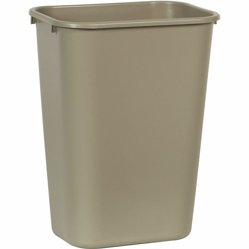 RCP295700BG - Space-efficient deskside wastebasket is durable and easy to clean. It fits under standard desk height even when a swing top (sold separately) is fully extended. All-plastic construction won't chip, rust or dent. Rolled rims add strength. Wastebasket will not mar furniture or floors.