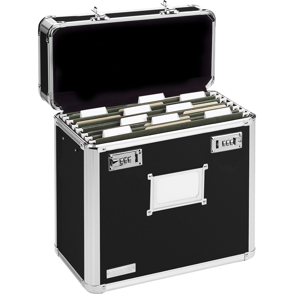 IDEVZ01187 - Locking file tote features double combination locks for convenient security. Internal rails are sized for hanging file folders. 7-1/4" depth and comfortable chrome handle make it very portable. Chrome steel corners and aluminum rails provide strength while rubber feet prevent surface scuffing. Tote is HIPAA-compliant to secure your important files for transport.