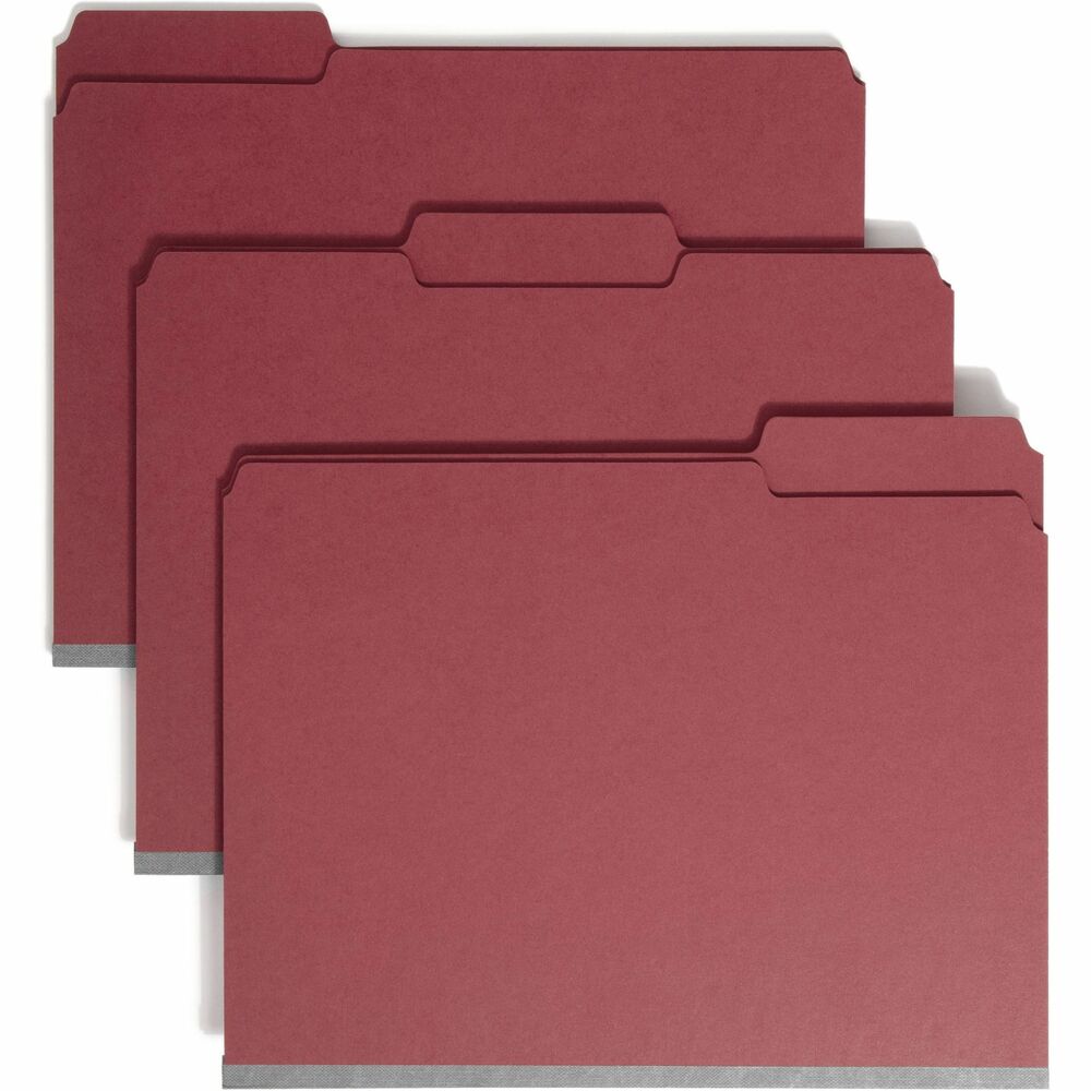 SMD14936 - Pressboard Fastener Folders feature patented, SafeShield Coated Fastener Technology to resolve your fastener challenges. SafeShield helps prevent paper tears, finger cuts and excessive fastener crinkling. Installed 2" fasteners hold papers securely inside folders and prevent papers from falling out or getting lost. The bonded-style, coated fasteners are in positions No. 1 and 3. Folders have 1/3 cut tabs in assorted positions and a 2" expansion to hold plenty of documents. Each folder is made of 25 point colored Pressboard stock and a high percentage of recycled material. More from the Manufacturer