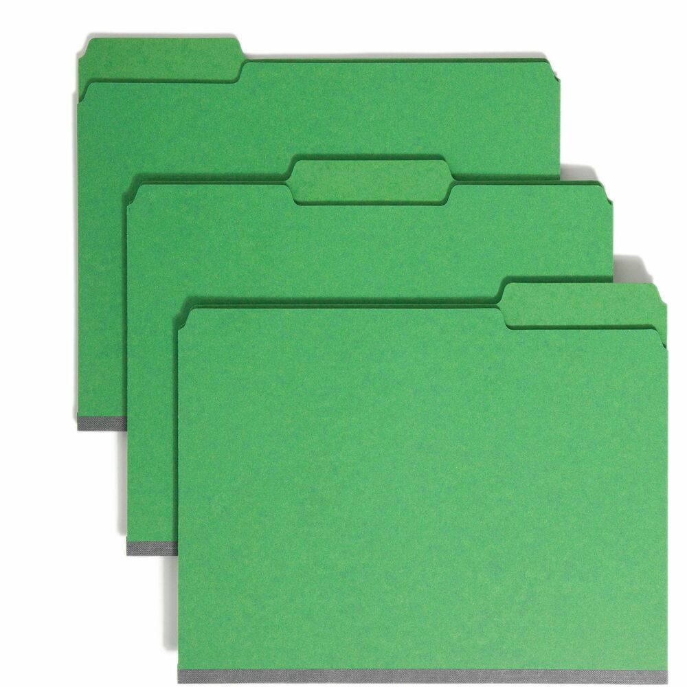 SMD14938 - Pressboard Fastener Folders feature patented, SafeShield Coated Fastener Technology to resolve your fastener challenges. SafeShield helps prevent paper tears, finger cuts and excessive fastener crinkling. Installed 2" fasteners hold papers securely inside folders and prevent papers from falling out or getting lost. The bonded-style, coated fasteners are in positions No. 1 and 3. Folders have 1/3 cut tabs in assorted positions and a 2" expansion to hold plenty of documents. Each folder is made of 25 point colored Pressboard stock and a high percentage of recycled material. More from the Manufacturer