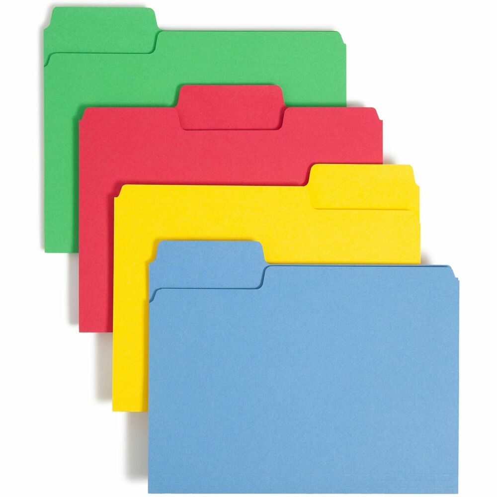 SMD11987 - Find critical files fast with SuperTab file folders. Get nearly double the labeling area of standard file folders so you can write larger or use more lines of description. These sturdy, durable file folders fit any vertical or lateral filing system. The SuperTab offers a 90 percent larger label area than tabs on standard folders for improved labeling. Your labels will be easy to see because you can use larger text or more lines of text. Extra-wide, 1/3-cut tabs are 7/8" high. Letter-size folders are made of 11 point stock and scored for 3/4" expansion. Assorted colors include blue, red, yellow and green.