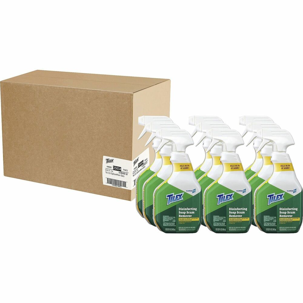 CLO35604CT - The powerful formula of CloroxPro Tilex Disinfecting Soap Scum Remover cleans soap scum before your eyes. Its penetrating foam cleans, disinfects and deodorizes many surfaces including glazed ceramic tile, fiberglass, shower doors, toilets and sinks. It kills 99.9 percent of viruses (Staphylococcus aureus, Salmonella enterica, Influenza A Virus, Respiratory Syncytial Virus (RSV) and Rhinovirus Type 37) and bacteria, including SARS-CoV-2 (the virus that causes COVID-19) on hard, nonporous surfaces. Spray cleaner is ideal for offices, daycare centers, restaurants, hotels and other commercial facilities. Spray every drop with Smart Tube technology that reaches to the very bottom of the bottle. Packaging may vary.