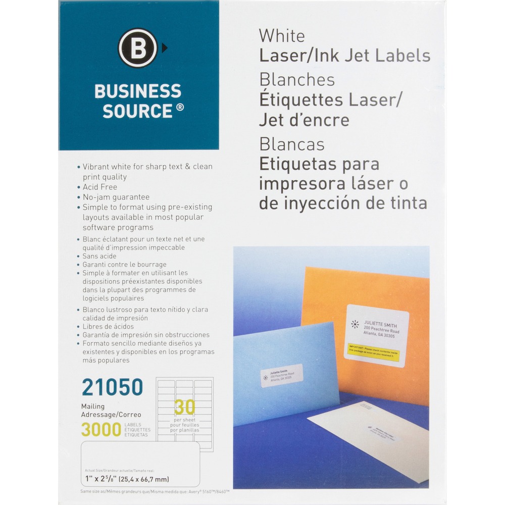 BSN21050 - Use mailing labels to address envelopes and packages. Acid-free labels feature permanent adhesive and a vibrant white surface for sharp text and clean print quality. Jam-free labels are compatible with laser and inkjet printers. Each letter-size sheet includes 30 labels.
