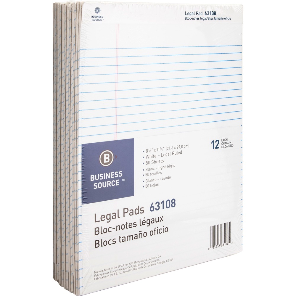 BSN63108 - Writing pads feature microperforated sheets for clean tear-out and sturdy, 30 point chipboard backing. Each staple-bound pad contains 50 sheets of 16 lb. paper. Each sheet is legal/wide-ruled with 11/32" line spaces and a 1-1/4" left margin.