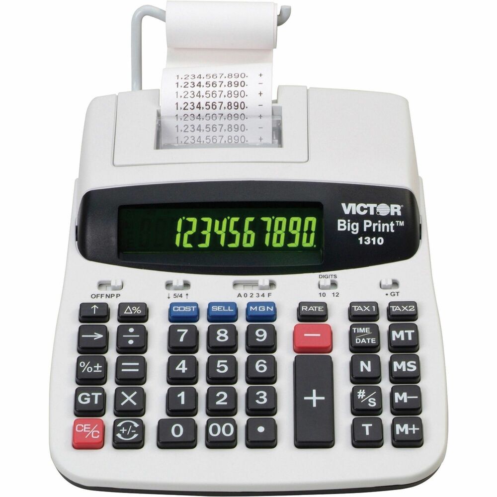 VCT1310 - Thermal printing calculator delivers extra-large print that is 2.5 times standard print size when the LCD is set on 10-digit display. Calculator generates standard print size when switched to the 12-digit display. Two-color backlit display only switches from 10-digit to 12-digit. Digits turn red with negative numbers and green for positive numbers. Calculator prints 6.0 lines per second in both sizes. Functions include cost/sell/margin, two independent tax keys, item count, grand total, time/date and three-key independent memory. Calculator runs on AC power only. More from the Manufacturer