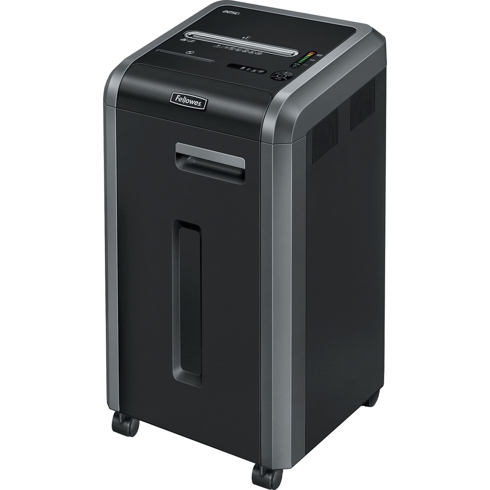 FEL3825001 - Powershred 225Ci Cross-Cut Shredder can shred up to 22 sheets of paper per pass into 397 (5/32" x 1-1/2" Security Level P-4) cross-cut particles. This machine also safely shreds CDs/DVDs, credit cards, staples, paper clips and junk mail. Achieve hassle-free shredding with all of the features the 225Ci has to offer. Get three levels of advanced jam prevention with Fellowes 100 percent Jam Proof System that eliminates paper jams, powers through tough jobs and maximizes productivity. To protect more than your identity, the patented SafeSense Technology is designed with an electronic safety sensor that surrounds the paper entry and automatically disables the shredder when hands touch the paper opening. Also, the 225Ci's SilentShred Technology and Energy Savings System allow this machine to integrate easily to any environment. With the ability to shred continuously, the 225Ci is ideal for shared use and includes a high-volume, 16-gallon removable basket. More from the Manufacturer