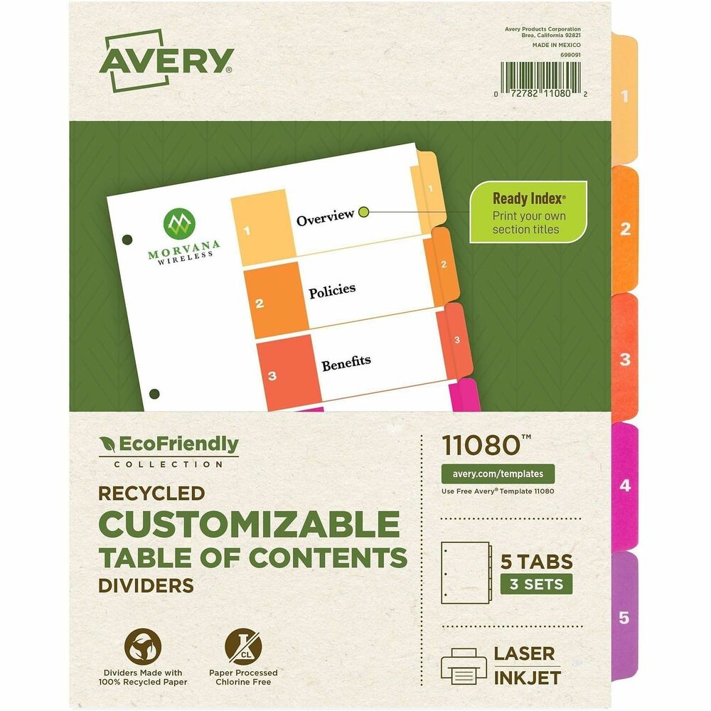 AVE11080 - Designed for the environmentally aware, Avery 11080 EcoFriendly Recycled Customizable Table of Contents 5-Tab Dividers are perfect for people looking to reduce their impact on the environment. These recycled products are made from 100% post-consumer recycled paper. These products are also FSC(R) certified to ensure the responsible use of resources from the world's forests. The divider paper is processed chlorine-free so that the number of harmful substances associated with the manufacturing process are substantially reduced. The dividers are also curbside recyclable, simply remove the plastic tabs and the reinforced strip to recycle the paper material. Avery Ready Index Dividers feature a customizable table of contents page that corresponds with the preprinted and color-coded tabs. The dividers can also be used in portrait or landscape format with a different orientation printed on each side of the tab and table of contents page. Personalize your own designs with the templates available on the Avery site and print with a laser or inkjet printer. Whether you're creating school subject dividers, office binder dividers, or recipe binder dividers, Avery makes it easy to bring your designs to life.    More from the Manufacturer