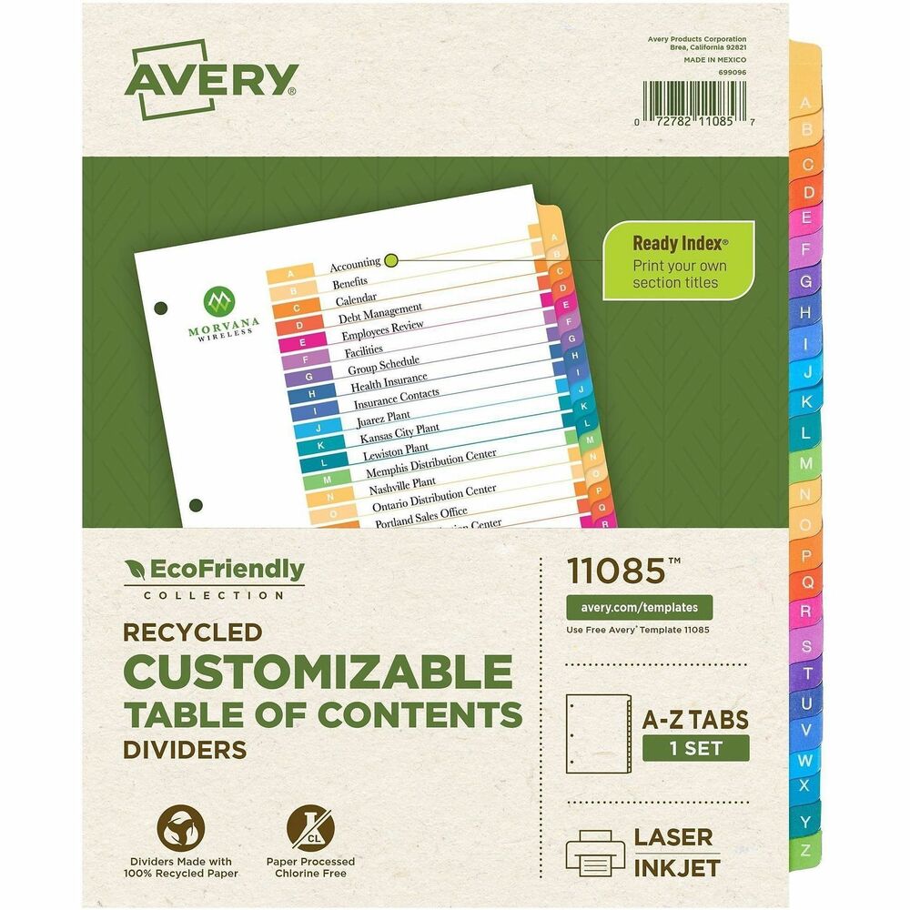AVE11085 - Designed for the environmentally aware, Avery 11085 EcoFriendly Recycled Customizable Table of Contents 26-Tab A-Z Tab Dividers are perfect for people looking to reduce their impact on the environment. These recycled products are made from 100% post-consumer recycled paper. These products are also FSC(R) certified to ensure the responsible use of resources from the world's forests. The divider paper is processed chlorine-free so that the number of harmful substances associated with the manufacturing process are substantially reduced. The dividers are also curbside recyclable, simply remove the plastic tabs and the reinforced strip to recycle the paper material. Avery alphabet dividers for 3 ring binders are preprinted with letters on 26 tabs to help you organize your documents alphabetically. Avery Ready Index Dividers feature a customizable table of contents page that corresponds with the preprinted and color-coded tabs. The dividers can also be used in portrait or landscape format with a different orientation printed on each side of the tab and table of contents page. Personalize your own designs with the templates available on the Avery site and print with a laser or inkjet printer. Whether you're creating school subject dividers, office binder dividers, or recipe binder dividers, Avery makes it easy to bring your designs to life.    More from the Manufacturer