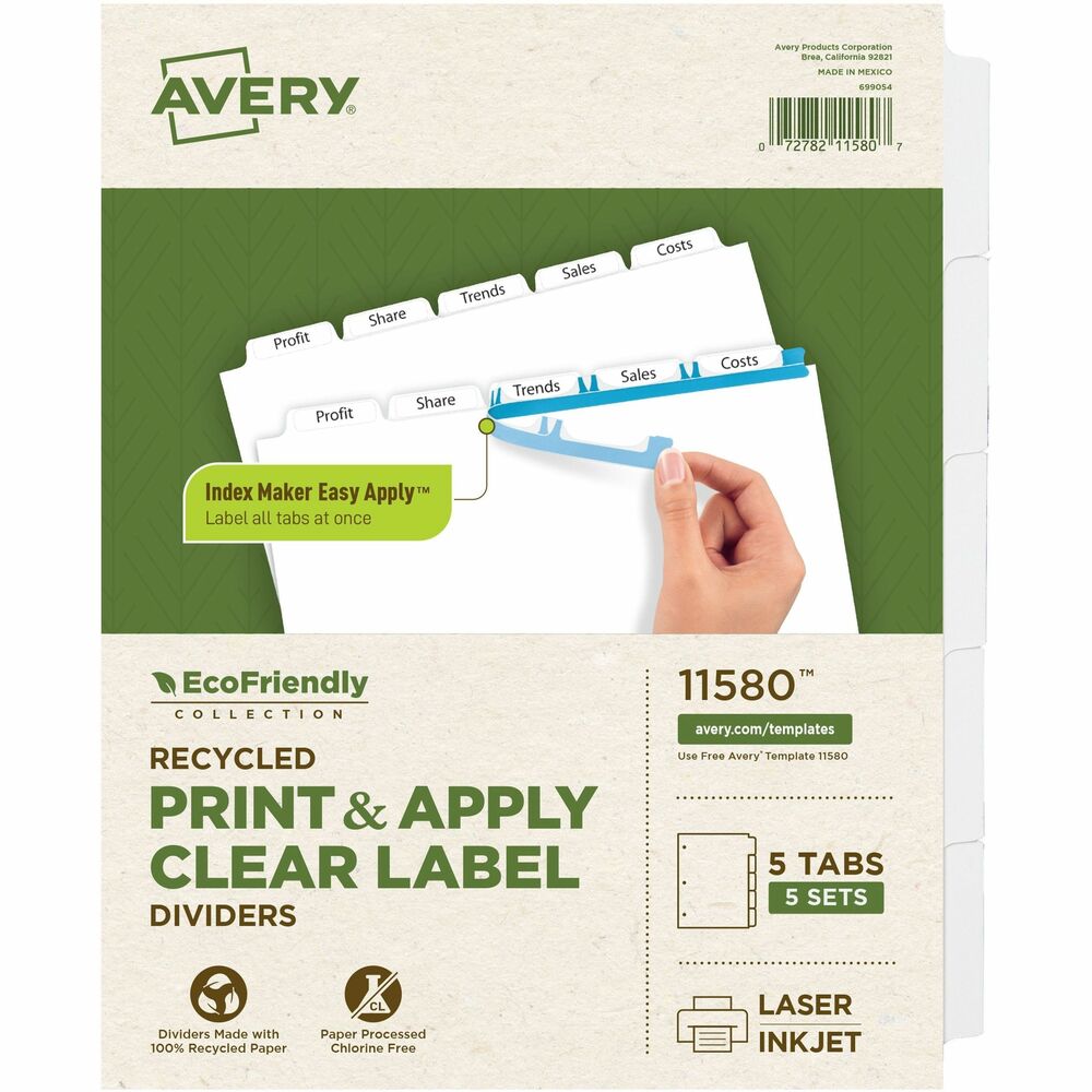 AVE11580 - Eco-friendly index dividers are made with a high percentage of recycled paper. Print them from any laser or inkjet printer and then use the included Easy Apply label strips to perfectly align and apply all labels at once. Index dividers are great for large projects requiring more than one divider set. Each divider features a white tab and three-hole punched, reinforced binding edge. 8-1/2" x 11" size is designed for use with standard three-ring binders. More from the Manufacturer