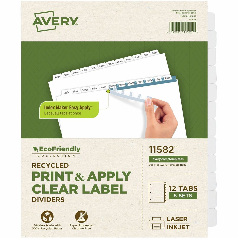 AVE11582 - Eco-friendly index dividers are made with a high percentage of recycled paper. Print them from any laser or inkjet printer and then use the included Easy Apply label strips to perfectly align and apply all labels at once. Index dividers are great for large projects requiring more than one divider set. Each divider features a white tab and three-hole punched, reinforced binding edge. 8-1/2" x 11" size is designed for use with standard three-ring binders. More from the Manufacturer