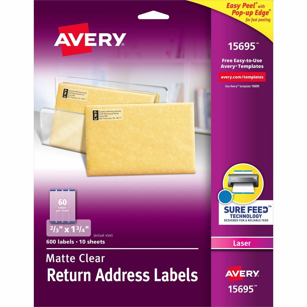 AVE15695 - Create professional-looking labels quickly with Easy Peel Mailing Labels. For fast peeling, bend the label sheets to expose the Pop-up Edge. Bright white labels have permanent adhesive and are jam-free and smudge-free. Each delivers sharp print quality that is perfect for creating labels for addressing, shipping and organizing. Perforated letter-size sheets tear so the edge of each self-adhesive label hangs over the sheet backing for easy access. Labels are compatible with laser printers. Avery offers many easy-to-use templates for Microsoft Word and other popular software programs. More from the Manufacturer