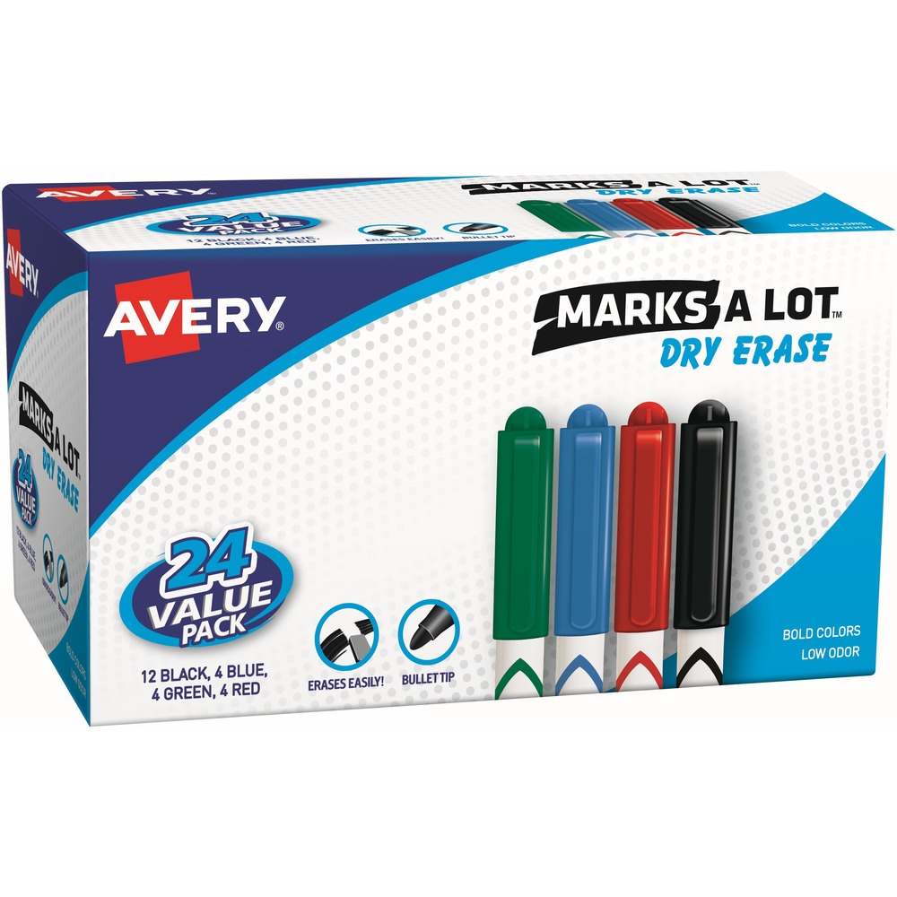 AVE29860 - Bold, erasable ink of these Marks A Lot Dry Erase Markers provides high visibility even from a distance. They write smoothly on whiteboards, glass and other nonporous surfaces. Ink wipes off easily with a dry cloth or eraser. The cap can be left off for up to 24 hours without the ink drying out. Bullet tip is great for creating clean lines in tight spaces. Nontoxic, low-odor ink makes them great for school, office and home, More from the Manufacturer