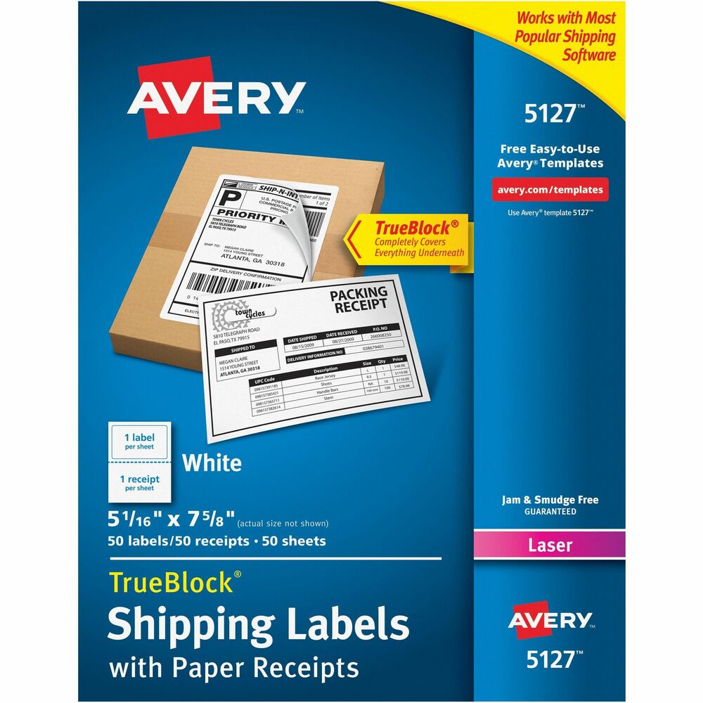 AVE5127 - Create professional-looking labels quickly with Shipping Labels and their TrueBlock Technology. Labels with TrueBlock completely cover everything underneath so you can reuse mailing tubes, boxes and more. Shipping labels includes a unique sheet construction that combines a half-sheet label with a half sheet of paper so it yields a paper receipt for your records. Bright white labels have permanent adhesive and are jam-free and smudge-free. They are perfect for creating professional-looking mailings, shipping, bar coding and organizing. Designed for use in laser printers. Avery offers many easy-to-use templates for Microsoft Word and other popular software programs. More from the Manufacturer
