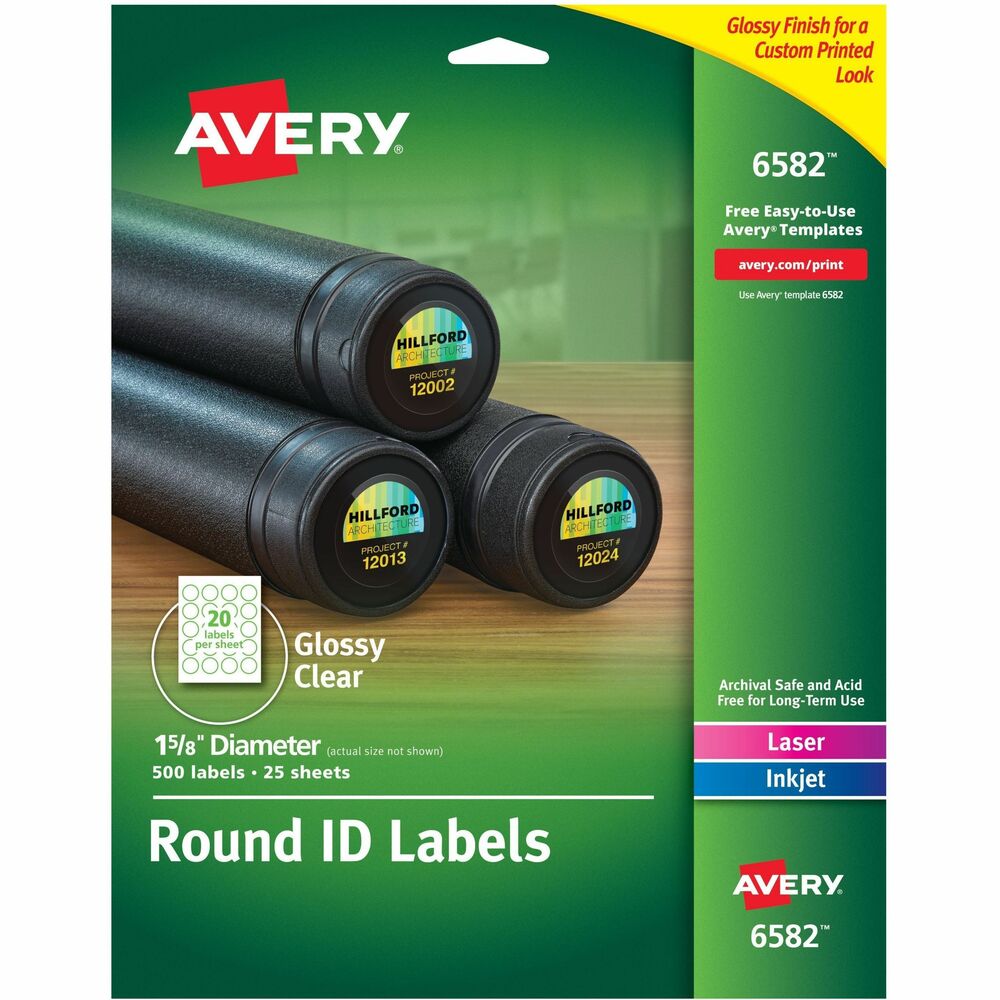 AVE6582 - These Glossy Clear Permanent Multipurpose Round Labels deliver a professional, custom-printed look for all your identification needs. They're perfect for labeling all sorts of surfaces including metal, plastic and brightly colored paper using the free online templates. Archival-safe labels are designed to stick and stay put and virtually disappear when applied for that custom-printed look. Watch your professional-looking labels emerge from your laser or inkjet printer and consider your wish for no-fuss labeling fulfilled. Each sheet has 20 round labels. More from the Manufacturer