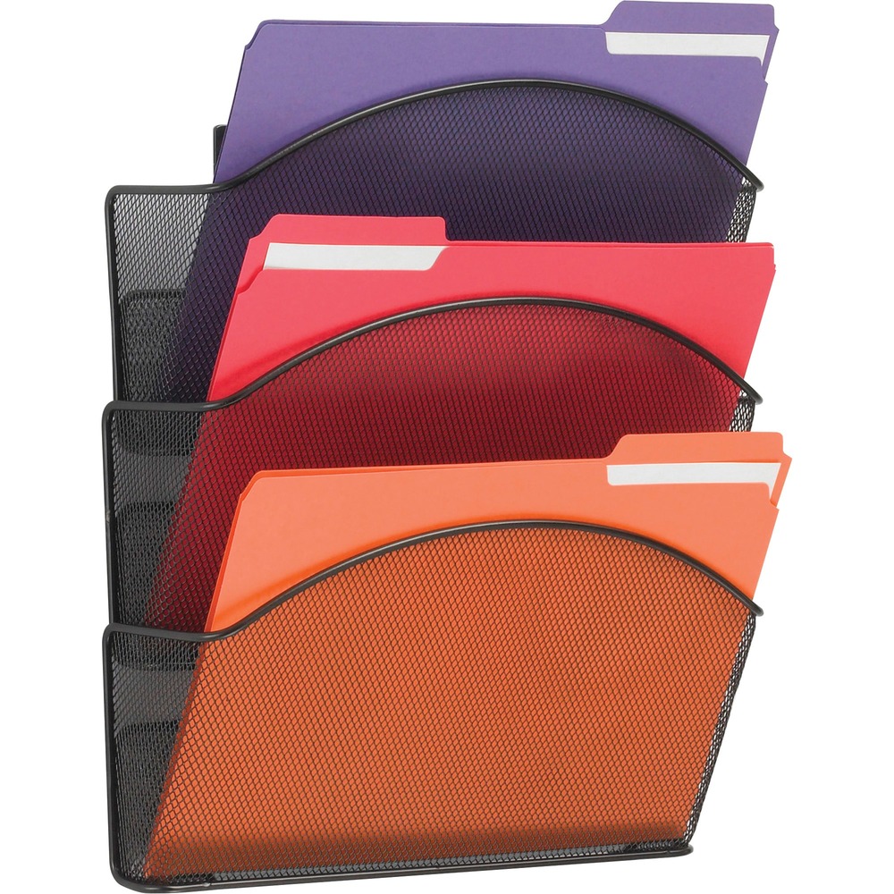 SAF5652BL - Three wall pockets hold letter-size charts and files. Steel mesh has a black powder-coat finish. Recyclable wall pockets include wall-mounting hardware.