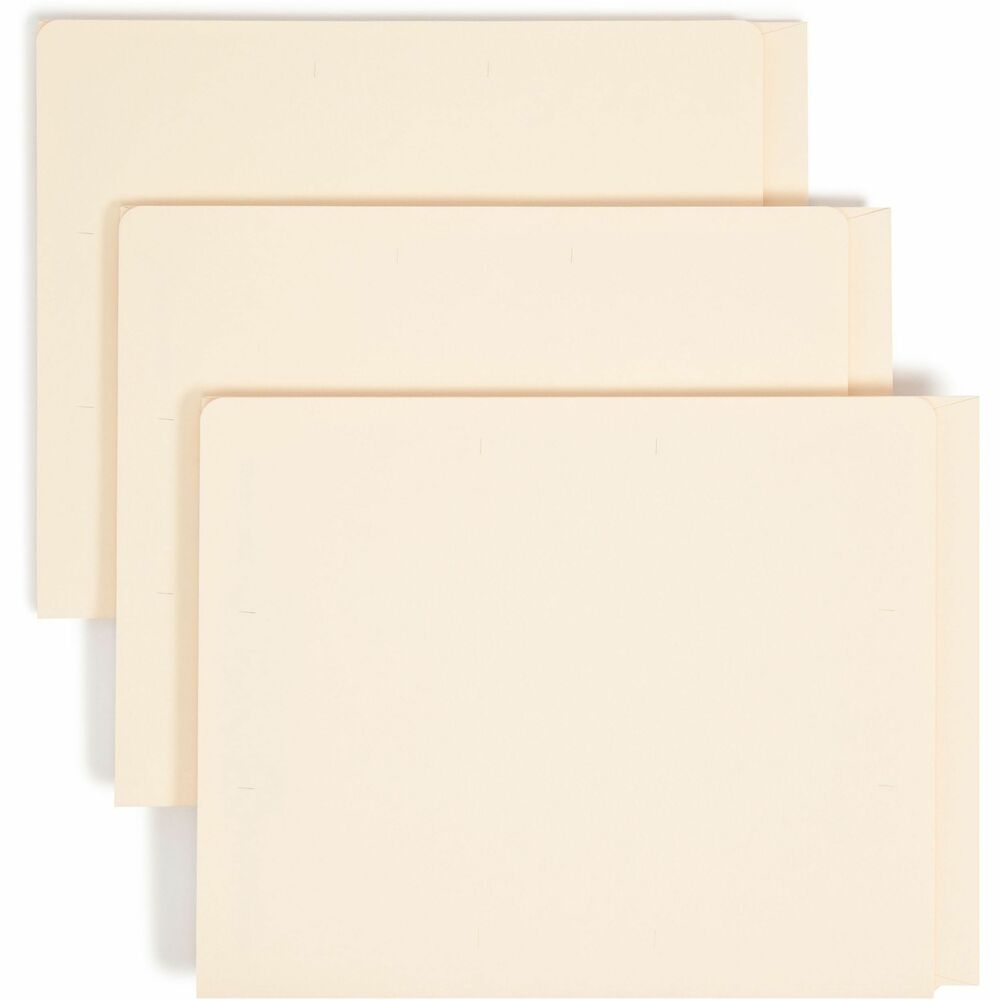 SMD34101 - End-tab folders feature a fastener on both interior sides and a fully enclosed pocket that can be used to store small objects or papers that cannot be two-hole punched. Pocket has an extended thumb-cut for easy access. Two filing surfaces with fasteners allow you to subdivide and secure your documents. The two 2" fasteners in each folder are in positions No. 1 and 3. Reinforced, extended tab is straight-cut. Folders are made of 11 point stock and scored for 3/4" expansion.