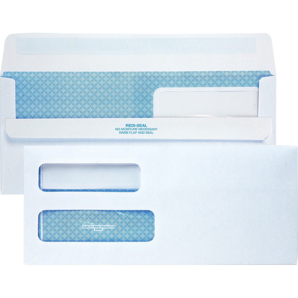 QUA24559 - No. 10 Double Window Security Tinted Business Envelopes use a self-seal closure for the ultimate convenience. Side seams add a modern, professional touch to your mailing. Convenient, Redi-Seal closure requires no moisture and has no pull-off strip to throw away. Simply unfold the bottom flap and press for a secure seal. Premium security tint ensures privacy is preserved during mailing. 24 lb. bright-white stock gives mailings a clean, crisp look. Left-side, double windows are perfect for displaying sender and receiver addresses.