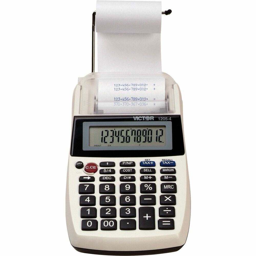 VCT12054 - Portable printing calculator features a 12-digit LCD screen and prints 2.0 lines per second. Functions include tax +/- keys, three-key independent memory keys, cost/sell/margin keys, backspace key, date/nonadd, percent key and automatic constants. Design offers a swing-out paper arm to hold standard 2-1/4" wide paper. Calculator offers AC/DC operation with the included AC adapter. The required four AA batteries are not included. Calculator automatically shuts off after six minutes. More from the Manufacturer