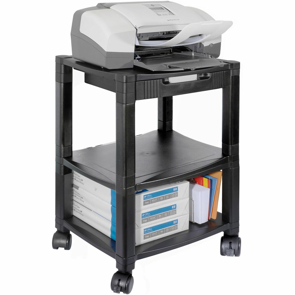 KTKPS540 - Three-shelf printer/fax stand features reinforced shelves to accommodate most laser and inkjet printers up to 75 lb. Height adjusts from 19-3/4" to 24-1/4". Design includes an organizing drawer and cable management. Lower shelves can store paper and supplies. Mobile stand rolls on four casters (two locking).