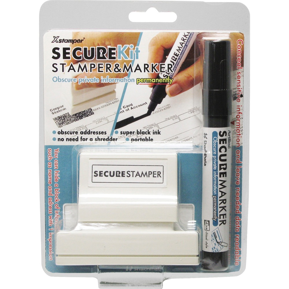 XST35303 - Large Security Stamper Kit includes one Secure Stamper and one Secure Marker. Both contain a special black ink that completely obscures private information, working best on black ink. Ideal for hiding personal information on mail and packages ready to be recycled. Covered information cannot be read, scanned or copied. Marker has a durable 4mm chisel nib to cover areas quickly and precisely. Stamper has a 15/16" x 2-13/16" impression size.