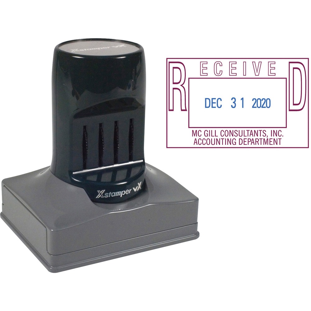 XSTC82 - VXeDater customizable date stamp features a rectangular base and round handle. Alignment marks and flat date bands help ensure an even and precise impression. Print your custom message along with month, day and year. Five-year band also prints REC'D, PAID and FAX'D. Using a 7 point font, the C82 has three lines above and three lines below the date with 25 characters per line. If you use a larger font, then the number of lines and characters will be reduced. Change the date information with a quick turn of the dial. Impression size is 1-3/8" x 2-3/16". Contact customer service to customize dater. Complete orders are shipped within 48 hours of receipt by Xstamper.