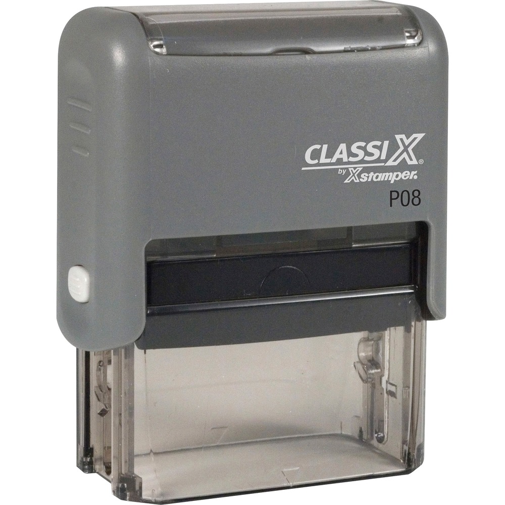 XSTP08 - Use rectangular stamp for addresses and other everyday uses. Photopolymer dye delivers sharp, fast impressions. Alignment marks and see-through base help you put your message right where you want it. Ridges on the side of the mount offer a no-slip grip. Self-inking stamp does not require a separate ink pad because it re-inks after each impression, making it perfect for fast, repetitive use. Classix Custom Stamp features a rugged plastic body for durability. Rubber feet keep the stamp stable and decrease slippage. Ink is available in red, black, blue, green or purple ink. Contact customer service to customize self-inking stamp.