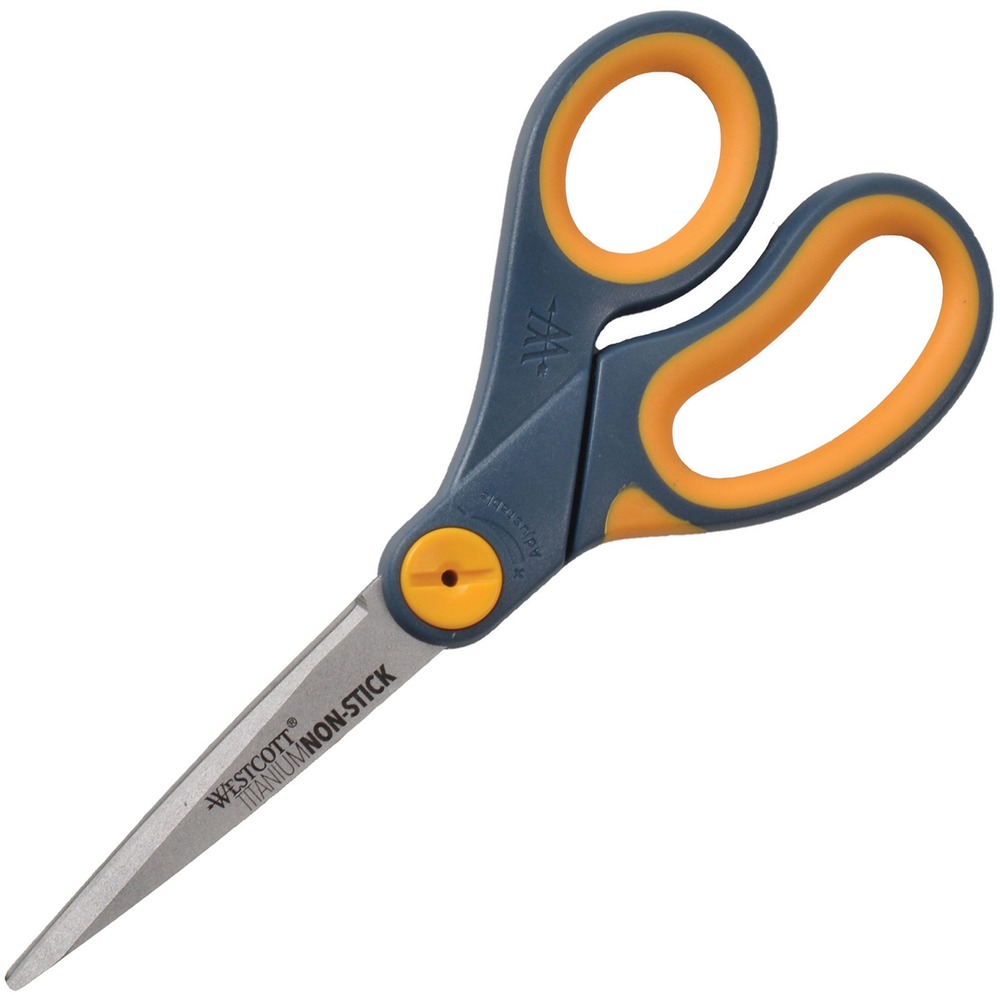 ACM14849 - 8" scissors feature titanium-bonded blades with a unique nonstick, permanent coating. Blades stay sharper longer and resist adhesives from tapes and glues. Use scissors to cut tape, hook-and-loop fasteners or other adhesives. Titanium blades are six times harder than stainless steel. Straight handles are made with plastic along the exterior perimeter and rubber along the interior for comfort. Use for right-handed or left-handed cutters. Scissors are ideal for the mailroom, art room and scrapbooking.