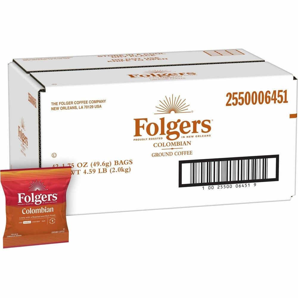 FOL06451 - Folgers 100 percent Colombian is a rich and flavorful, full-bodied medium roast of Arabica beans made convenient in a premeasured pack. The rich flavor of Folgers is more than just coffee - it's tradition. Folgers satisfies guests with the taste they love in a variety of convenient formats.