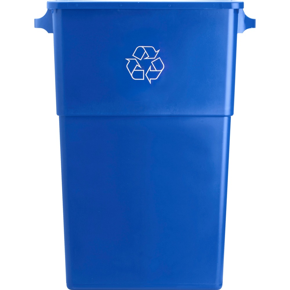 GJO57258 - Wall hugging receptacle holds 23 gallons of recyclables, but protrudes less than 1' from the wall. Smooth, seamless construction allows easy cleaning and prolonged life. At 30" tall, recycling container is also great for placement under standard work tables.