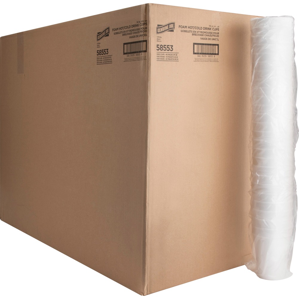 GJO58553 - Versatile foam cups feature a strong, one-piece construction that maintains beverages at their optimal temperature longer. That means these cups keep hot drinks hot and cold drinks cold. This durable material keeps hands comfortable on the outside so these cups don't require sleeves and double-cupping to drink your favorite beverage. That means you won't have to keep sleeves available in your beverage center and can keep your cups stocked better. Space-saving Styrofoam also holds carbonation better than paper alternatives. Rinse and use the sturdy cups for your second and third cups of coffee or tea. Cups are disposable so you can enjoy easy cleanup. Lightweight nature allows easy transport and easy stocking of your beverage center or reception area. Versatile lids for these cups fit multiple, Genuine Joe Styrofoam Cup sizes for space-saving storage. Lids (58555) can be used on 12 oz. and 16 oz. cups. The lids and other cup sizes are all sold separately.