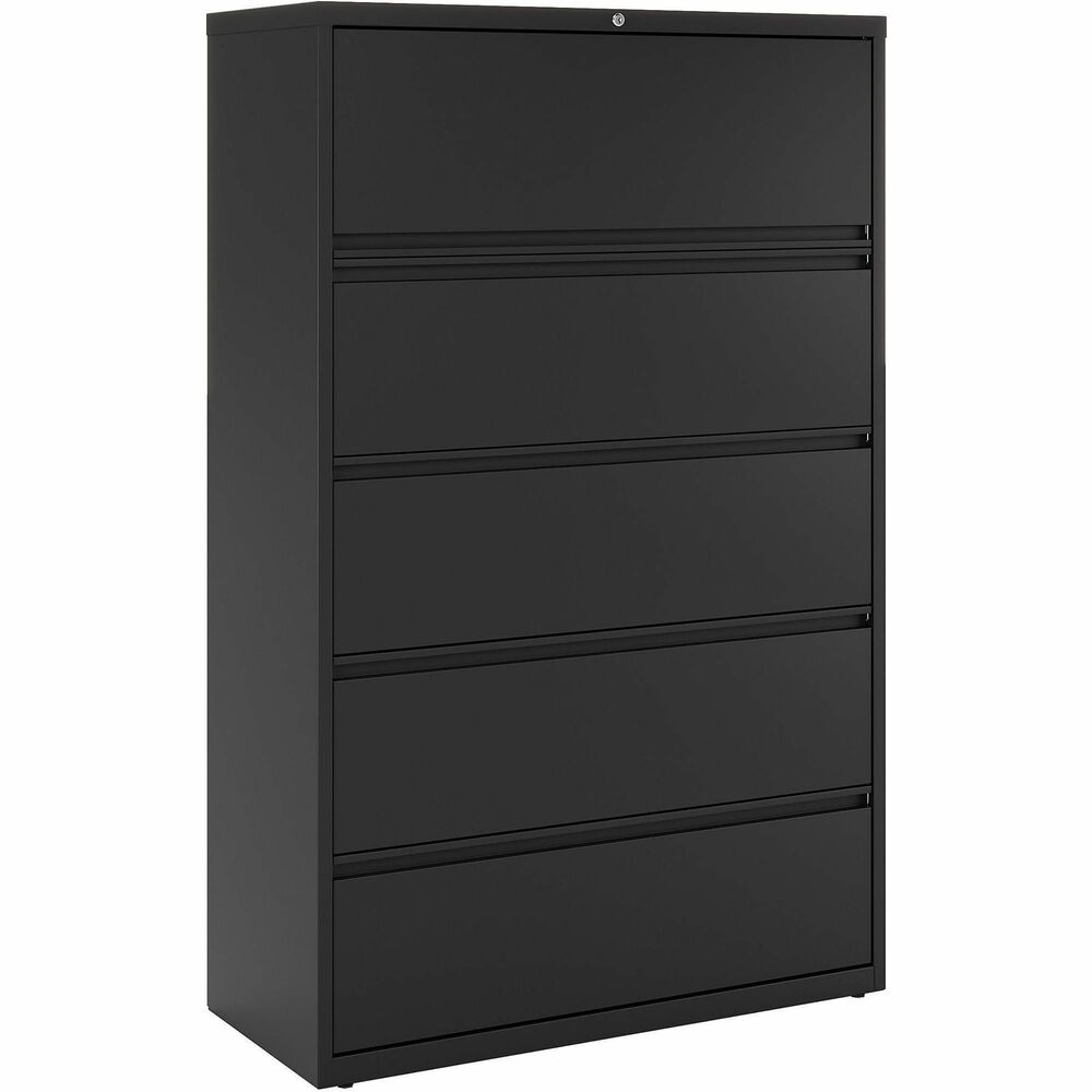 LLR60550 - 42" wide lateral file features a roll-out binder storage/posting shelf and four drawers with hanging file rails for side-to-side filing in letter-size, legal-size or A4-size for versatility. Each drawer has a magnetic label holder for easy identification where you need it. Durable, fully assembled steel construction with nonporous surface is easy to clean and disinfect. Design also features a core-removable lock for security, dual locking bars, full-width pull, ball-bearing slide suspension for smooth opening and closing, reinforced base, and four adjustable leveling guides for stabilization. Interlock system prohibits the extension of more than one drawer at a time for your safety. Counterweight prevents tipping. Lateral file meets or exceeds applicable ANSI/BIFMA standards. More from the Manufacturer