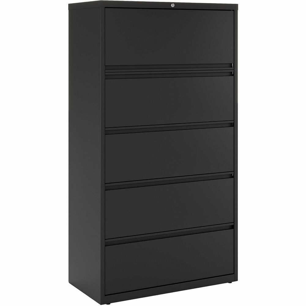LLR60551 - 36" wide lateral file features a roll-out binder storage/posting shelf and four drawers with hanging file rails for side-to-side filing in letter-size, legal-size or A4-size for versatility. Each drawer has a magnetic label holder for easy identification where you need it. Durable, fully assembled steel construction with nonporous surface is easy to clean and disinfect. Design also features a core-removable lock for security, dual locking bars, full-width pull, ball-bearing slide suspension for smooth opening and closing, reinforced base, and four adjustable leveling guides for stabilization. Interlock system prohibits the extension of more than one drawer at a time for your safety. Counterweight prevents tipping. Lateral file meets or exceeds applicable ANSI/BIFMA standards. More from the Manufacturer