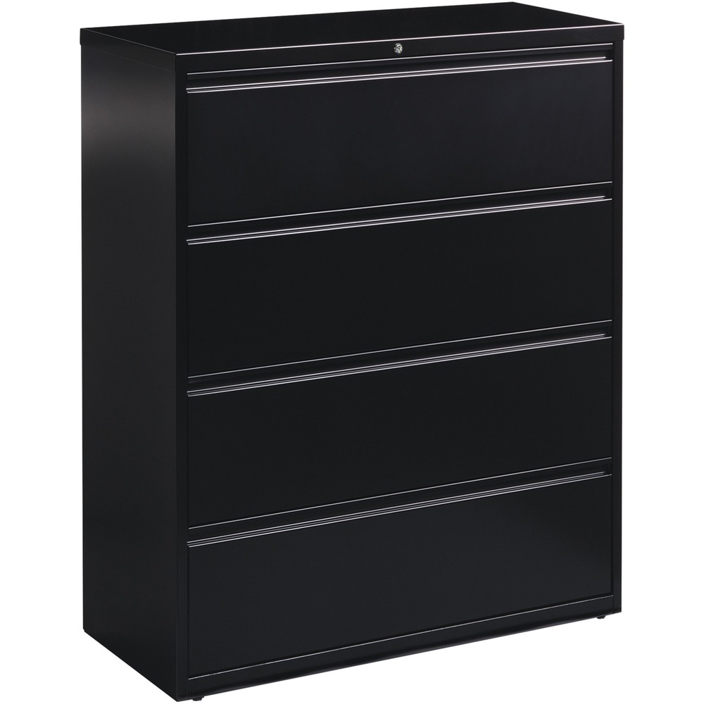 LLR60552 - 42" wide lateral file features four versatile drawers with hanging file rails for side-to-side filing in letter-size, legal-size or A4-size. Each drawer has a magnetic label holder for easy identification where you need it. Durable, fully assembled steel construction with nonporous surface is easy to clean and disinfect. Design also features a core-removable lock for security, dual locking bars, full-width pull, ball-bearing slide suspension for smooth opening and closing, reinforced base, and four adjustable leveling guides for stabilization. Interlock system prohibits the extension of more than one drawer at a time for your safety. Counterweight prevents tipping. Lateral file meets or exceeds applicable ANSI/BIFMA standards. More from the Manufacturer