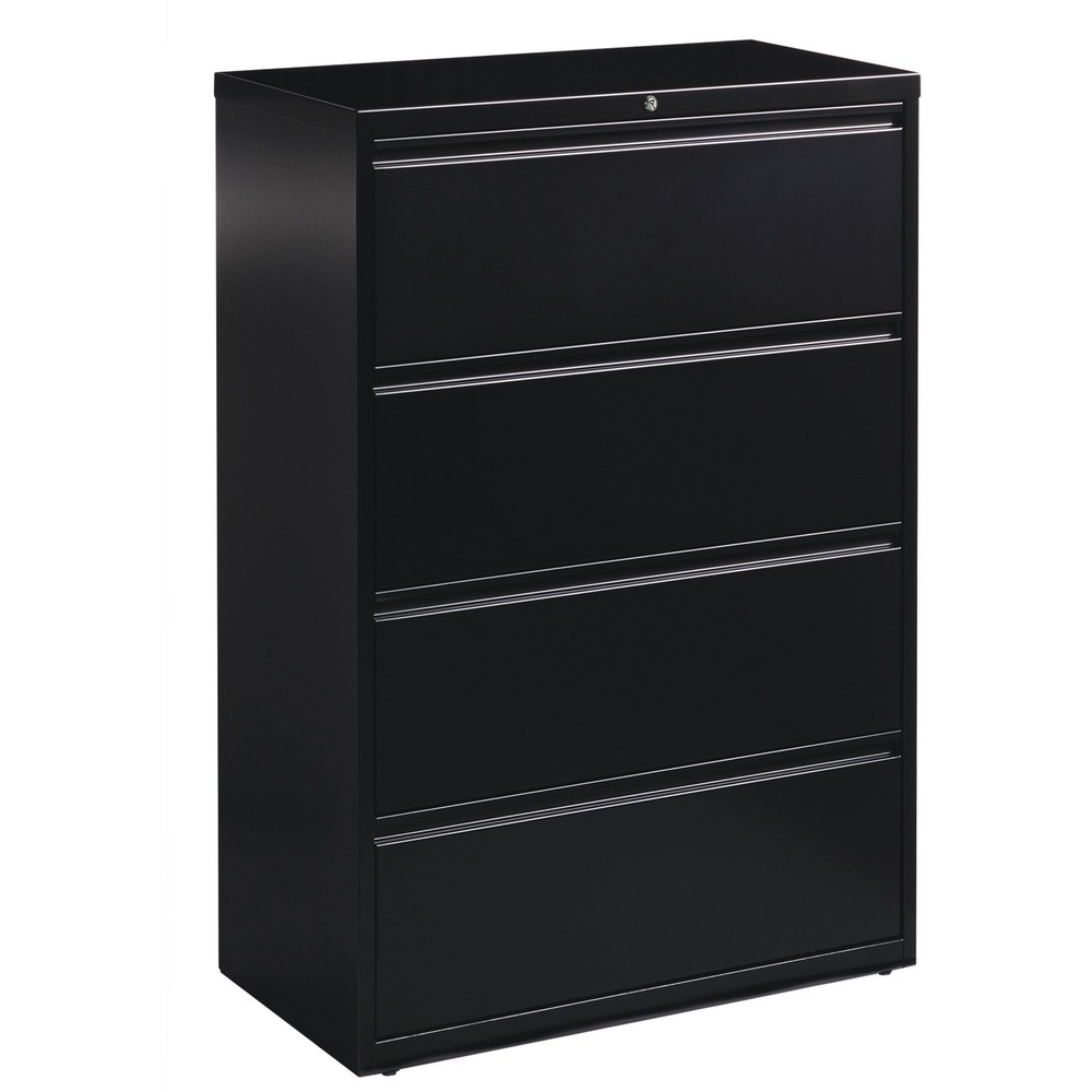 LLR60553 - 36" wide lateral file features four versatile drawers with hanging file rails for side-to-side filing in letter-size, legal-size or A4-size. Each drawer has a magnetic label holder for easy identification where you need it. Durable, fully assembled steel construction with nonporous surface is easy to clean and disinfect. Design also features a core-removable lock for security, dual locking bars, full-width pull, ball-bearing slide suspension for smooth opening and closing, reinforced base, and four adjustable leveling guides for stabilization. Interlock system prohibits the extension of more than one drawer at a time for your safety. Counterweight prevents tipping. Lateral file meets or exceeds applicable ANSI/BIFMA standards. More from the Manufacturer