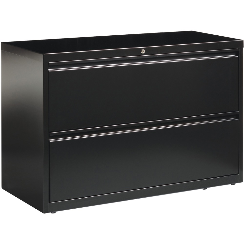 LLR60554 - 42" wide lateral file features two versatile drawers with hanging file rails for side-to-side filing in letter-size, legal-size or A4-size. Each drawer has a magnetic label holder for easy identification where you need it. Durable, fully assembled steel construction with nonporous surface is easy to clean and disinfect. Design also features a core-removable lock for security, dual locking bars, full-width pull, ball-bearing slide suspension for smooth opening and closing, reinforced base, and four adjustable leveling guides for stabilization. Interlock system prohibits the extension of more than one drawer at a time for your safety. Counterweight prevents tipping. Lateral file meets or exceeds applicable ANSI/BIFMA standards. More from the Manufacturer