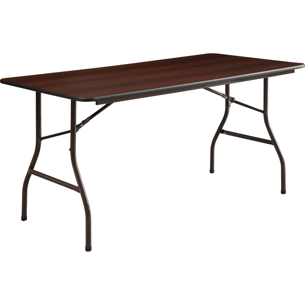 LLR65755 - Economy, 60" wide folding table features a 5/8" thick, wear-resistant, melamine top with a PVC T-molded edge. Melamine-sealed underside prevents moisture absorption. Steel skirt support with plastic corners protects surface when stacking. Capacity is 500 lb. evenly distributed and 300 lb. for concentrated loading. Folding table is supported by 1" diameter steel legs with protective foot caps.