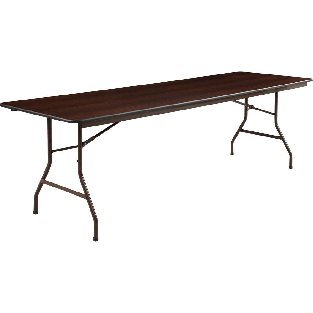 LLR65761 - Economy, 96" wide folding table features a 5/8" thick, wear-resistant, melamine top with a PVC T-molded edge. Melamine-sealed underside prevents moisture absorption. Steel skirt support with plastic corners protects surface when stacking. Capacity is 500 lb. evenly distributed and 300 lb. for concentrated loading. Folding table is supported by 1" diameter steel legs with protective foot caps.
