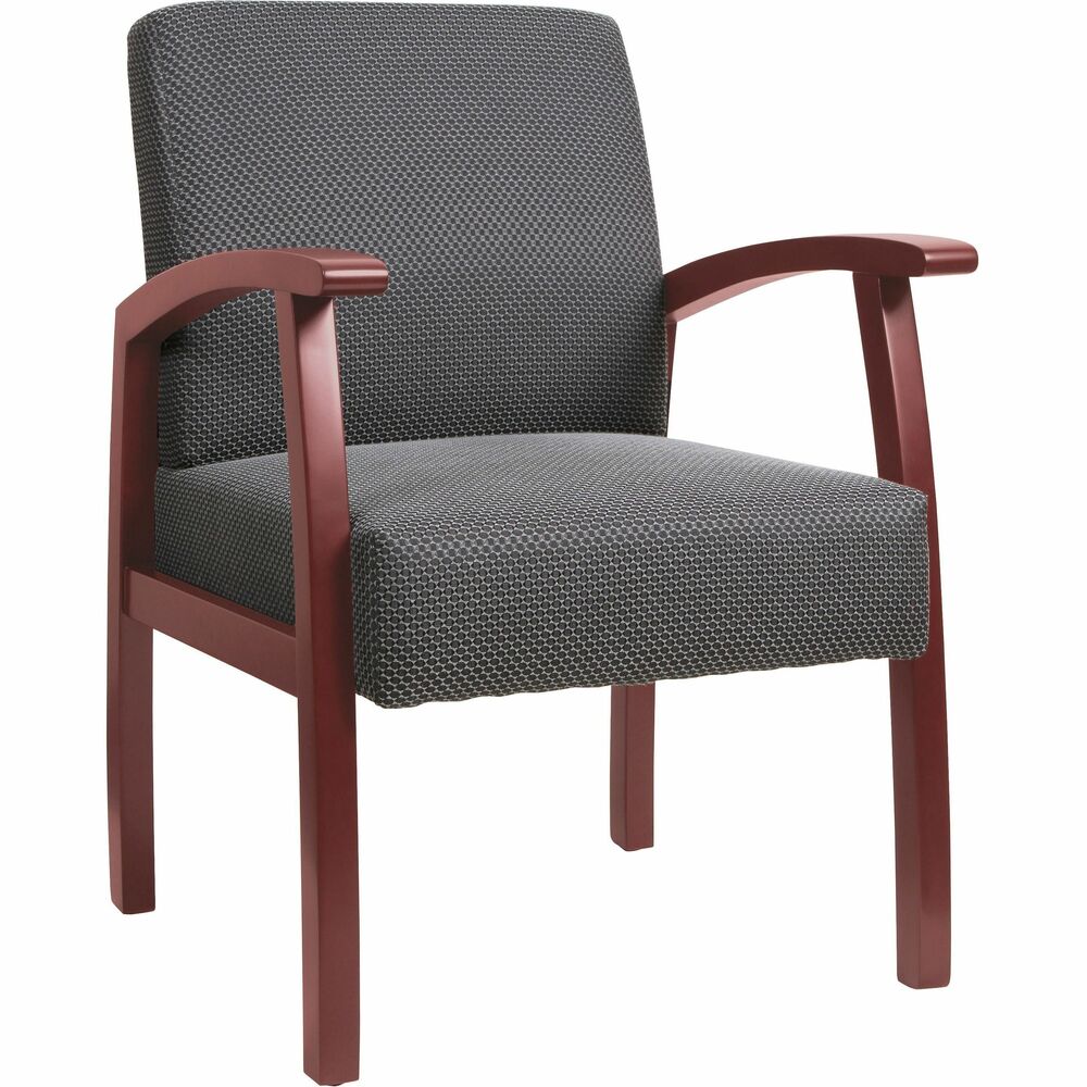 LLR68551 - With a sturdy wood frame in Mahogany, this guest chair provides inviting seating for your reception area or office. Seat is thickly padded for enhanced comfort. The padded back features built-in lumbar support. Wood frame and arm construction provides durability and strength. Adjustable leg sliders on the four-leg base allow leg leveling on uneven floors. Easily assemble chair using the chair's unique locking system. Assembly requires no tools.