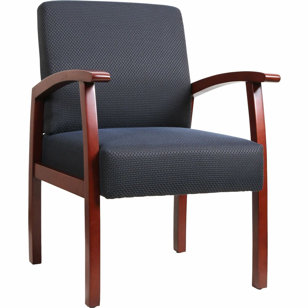LLR68553 - With a sturdy wood frame in Cherry, this guest chair provides inviting seating for your reception area or office. Seat is thickly padded for enhanced comfort. The padded back features built-in lumbar support. Wood frame and arm construction provides durability and strength. Adjustable leg sliders on the four-leg base allow leg leveling on uneven floors. Easily assemble chair using the chair's unique locking system. Assembly requires no tools.
