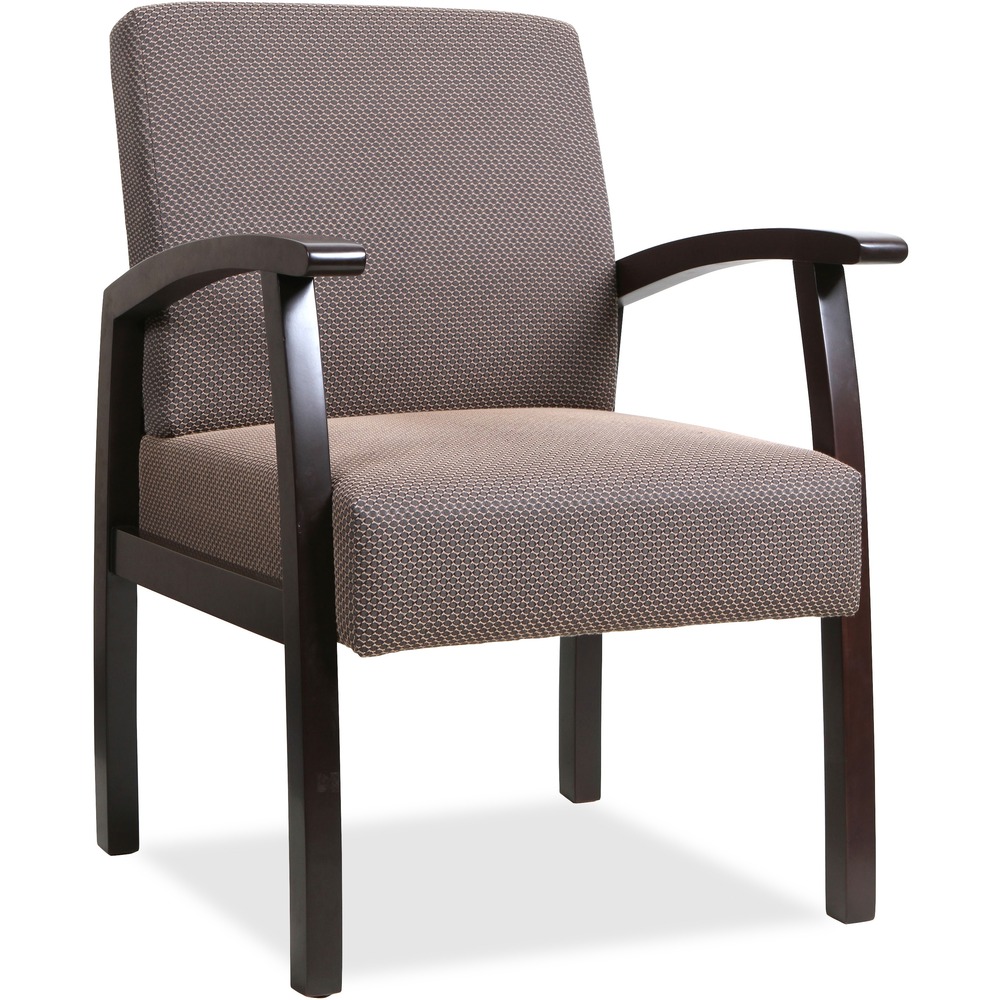 LLR68554 - With a sturdy wood frame in Espresso, this guest chair provides inviting seating for your reception area or office. Seat is thickly padded for enhanced comfort. The padded back features built-in lumbar support. Wood frame and arm construction provides durability and strength. Adjustable leg sliders on the four-leg base allow leg leveling on uneven floors. Easily assemble chair using the chair's unique locking system. Assembly requires no tools.