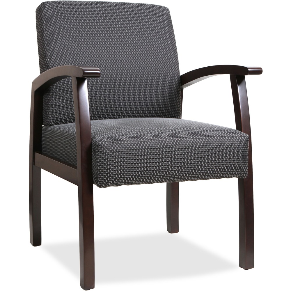 LLR68555 - With a sturdy wood frame in Espresso, this guest chair provides inviting seating for your reception area or office. Seat is thickly padded for enhanced comfort. The padded back features built-in lumbar support. Wood frame and arm construction provides durability and strength. Adjustable leg sliders on the four-leg base allow leg leveling on uneven floors. Easily assemble chair using the chair's unique locking system. Assembly requires no tools.