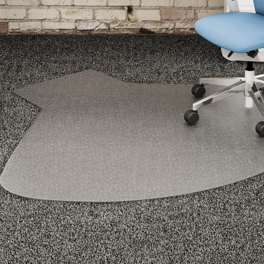 LLR69156 - Chairmat with lip is ideal for medium-pile carpets and works best on carpets up to 3/4" thick, including padding. Shape makes it perfect for L-shape desk configurations. Studded back keeps the mat in place on a variety of carpet styles. Smooth edge is designed for easy on-off chair movement. Chairmat offers crystal-clear design and optimal protection for your carpet. Lip measures 20" x 12". More from the Manufacturer