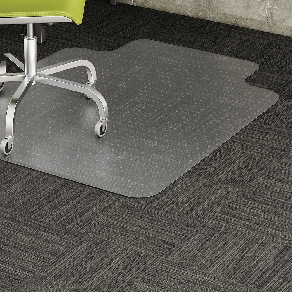 LLR69158 - Chairmat with a wide lip is designed and properly weighted for low-pile carpets up to 1/4" with little or no padding. Design features less than 1/8" thick vinyl construction and a beveled edge. Gripper back keeps the mat in place on a variety of carpet styles. Textured surface on chairmat resists scuff marks and slips. More from the Manufacturer