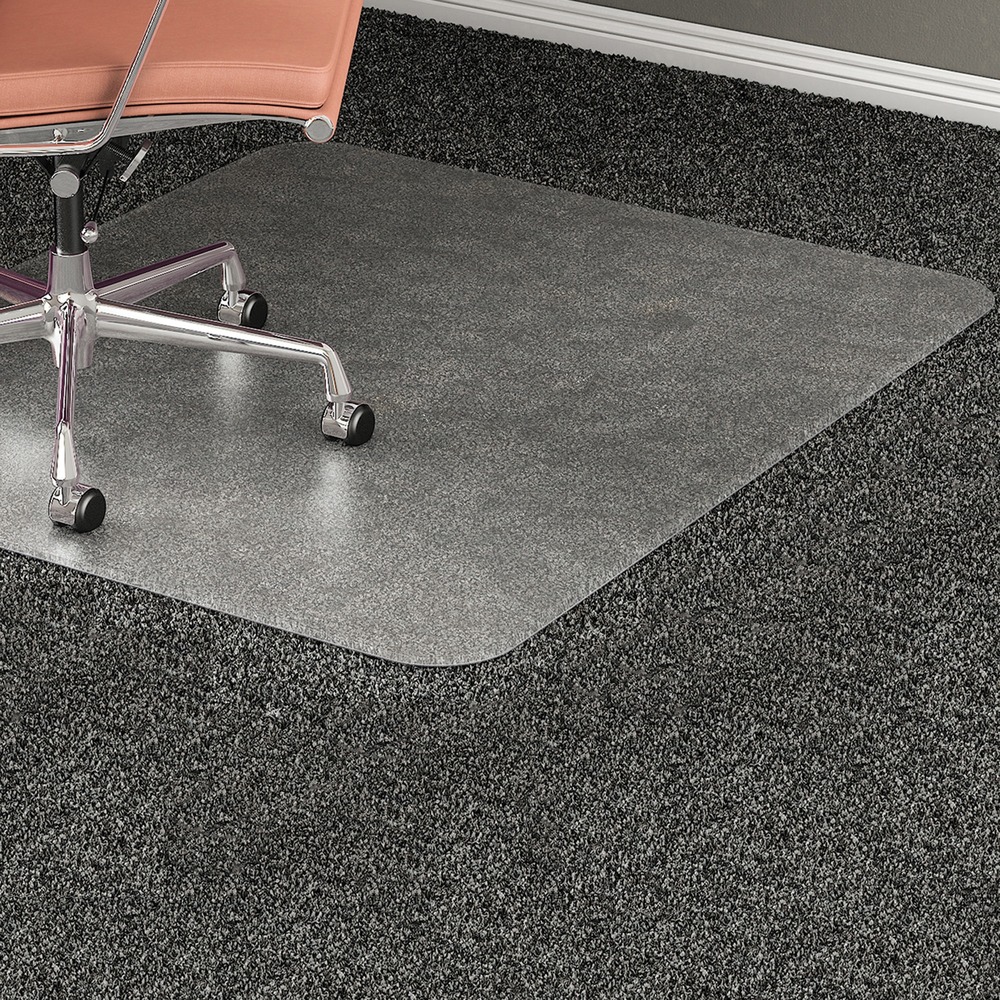 LLR69164 - Chairmat is designed for medium plush pile carpets up to 1/2" thick including padding. Design works in the following work space configurations: writing table, desk, U-workstation, L-workstation and corner workstation. Textured top makes mat slip-resistant and scuff-resistant. 3/16" thick chairmat also features a studded back to hold mat in place and smooth edge for easy chair movement. More from the Manufacturer